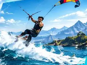 Kitesurfeur tiré par son aile au-dessus de l'eau, collection KITE