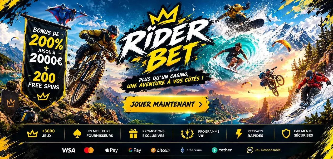 Bannière RiderBet Casino annonçant 200 % jusqu'à 2 000 € et 200 tours gratuits, avec des riders et le logo